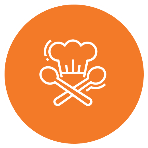 A chef hat and spoons are in the center of an orange circle.