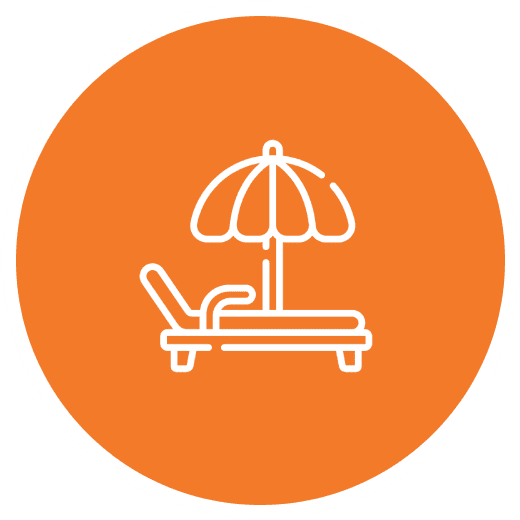 A picture of an orange circle with a white line drawing of a beach chair and umbrella.
